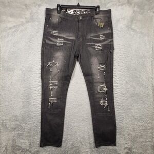 LR SCOOP Mens Distressed Black Wash‎ Jeans Slim Fit Straight Leg Moto 36x32